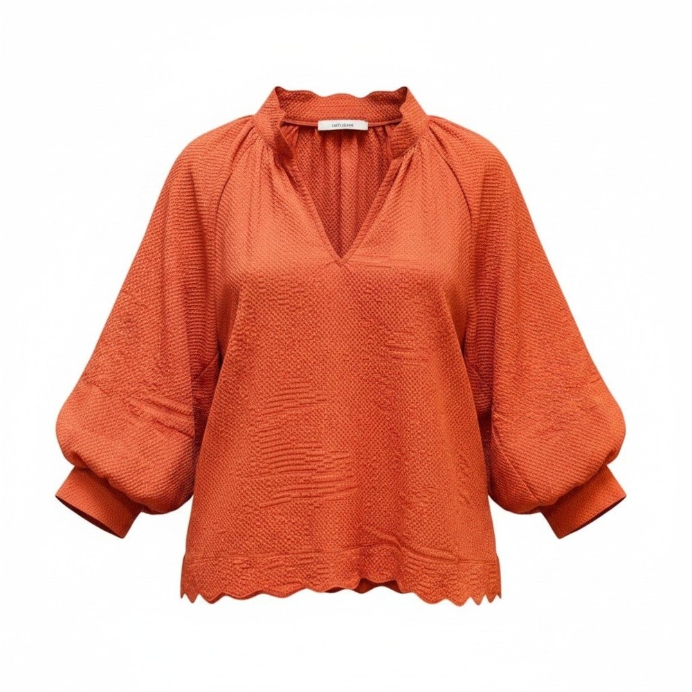 Umgee Blouse Womens Small Orange Puff Sleeve Scalloped Hem Boho Textured Top